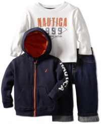 Nautica Sportswear Kids Baby-Boys Infant 3 Piece Long Sleeve Knit Top And Jean Fleece Hoodie Set, Sport Navy, 18 Months