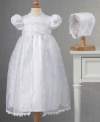 A breathtaking dress for a breathtaking baby. This beautiful christening dress is delicately crafted with sequins, pearl-inspired accents and  ribbon trim for a delightfully precious finish.