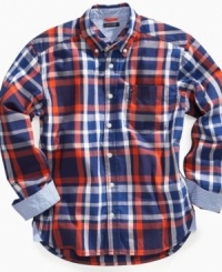 Your little rugged guy will look cute and cozy and in this Tommy Hilfiger plaid button down.