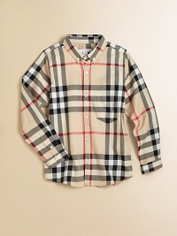 Classic check pattern on soft cotton with button-down collar and patch pocket for handsome style.Button-down collarLong sleeves with button cuffsButton-frontPatch pocketShirttail hemCottonMachine washImported Please note: Number of buttons may vary depending on size ordered. 