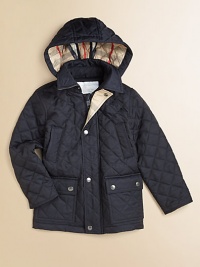 Keep him snug and dapper in this classic, check-lined, quilted coat with removable hood and lots of pockets.Zip-off hoodStand collarLong sleevesSnap front and zip closureTwo front-snap pockets; two slash pockets Fully linedPolyamideDry cleanImported Please note: Number of snaps may vary depending on size ordered. 