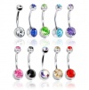 Lot of 10 Double Jeweled CZ Crystal Gem Belly Button Navel Rings 316L Surgical Steel 14 Gauge (10 Pieces)14G 3/8 + 1 Free Belly Retainer