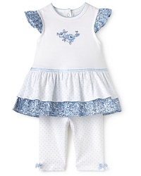 Taking it all back home, a rich floral trim brings a classic charm to Little Me's Belle dress and legging set.