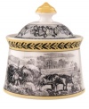 Audun¿s serving pieces coordinate with the yellow, black, and white mix-and-match dinnerware pattern. In Ferme, featuring a quaint French farm scene.