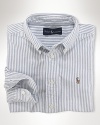 A preppy long-sleeved sport shirt in striped cotton oxford, washed for well-worn softness. Styled in comfortable, classic-fitting Blake silhouette. Button-down collar, applied placket and barrel cuffs. Signature multicolored embroidered pony accents the chest patch pocket. Shirttail hem.