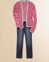 Brilliant, contrasting stripes brighten up an open-front cardigan for warmth and style.Waterfall frontLong sleevesPull-on styleRayonMachine washImported