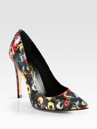 Painted flowers cover this point toe silhouette of luminous patent leather for a feminine effect. Self-covered heel, 4½ (115mm)Painted floral patent leather upperPoint toeLeather lining and solePadded insoleImported