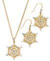 Snow wonder. This drop earring and pendant necklace set from Charter Club is crafted from gold-tone mixed metal. Glass accents light up the night. Approximate drop (earrings): 1-1/2 inches. Approximate length (necklace): 16 inches + 2-inch extender. Approximate drop (necklace): 1-1/2 inches.