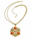 Unique, ornate and totally exotic. Inspire your style with multicultural designs by T Tahari. This intricate pendant features sand and coral resin beads in an intricate floral pattern. Setting and double chain crafted from gold tone mixed metal. Base metal is nickel free for sensitive skin. Approximate length: 18 inches + 3-inch extender. Approximate drop: 3-3/4 inches.