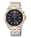 Self-motivated: Your own motion powers this kinetic Seiko watch in two-tone stainless steel. Round stainless steel case and bracelet. Blue dial features goldtone Roman numerals and stick indices and date window. Kinetic® quartz movement. Water resistant to 30 meters. Three-year limited warranty.