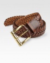 Compliment a well-styled, weekend look with this woven leather belt, finished with a chunky brass roller buckle.LeatherAbout 2 wideImported