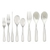 The Anna flatware set is long and lean, with a graceful taper that separates the upper and lower parts of each piece of cutlery. Like a line of ballet dancers, the tines of each fork sweep upwards in comely formations. Flower-shaped cut-outs adorn the larger serving pieces. Ideal for an elegant home, or as an impeccable wedding gift.·