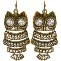 1.75 Articulated Owl Earrings with Big Rhinestone Eyes In Antique Brass