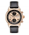 Timeless design and contemporary details blend seamlessly on this Gemini collection watch by Bulova Accutron. Black leather strap with contrast stitching and round rose-gold tone stainless steel case with clear back and curve sapphire crystal. Black dial with inner rose-gold tone dial features tachymeter scale, black Roman numerals at markers, minute track, day and date window at three o'clock, three subdials, luminous hands and logo. Swiss mechanical movement. Water resistant to 50 meters. Five-year limited warranty.