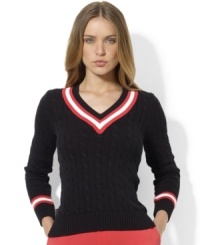 Lauren Ralph Lauren's classic cricket sweater makes a sporty statement in cable-knit cotton with contrast stripes at the neckline and cuffs.