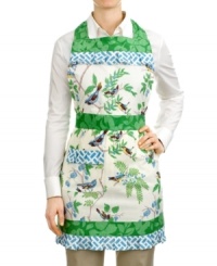 Only the best for your nest! Set a style standard for your space with this feminine apron. A whimsical bird print with a contrasting cross-hatch design and ruffled edge adds a vintage touch to your kitchen.