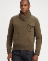 Applied leather elbow patches and ample utility pockets at the chest and hips accent a soft cotton cardigan for a handsome mix of style and storage.Shawl collarChest flap pocketWaist kangaroo pocketsRibbed knit collar, cuffs and hemCottonDry cleanImported