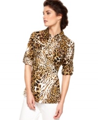 Jones New York Signature's petite shirt is emboldened by a vibrant animal print and made chic with a sleek cut. Go wild pairing with slim-fitting bottoms--it looks stylish with white, black or a bright hue!