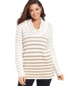 Cozy up to Jones New York Signature's striped plus size sweater, finished by a cowl neckline.