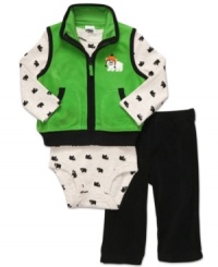 Prepare him for lots of bear hugs with this sweet and snugly bodysuit, vest and pant set from Carter's.