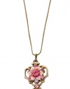 Michal Negrin Heart Pendant Enriched with Pink Hand Painted Flower, Pink and Lilac Swarovski Crystals 