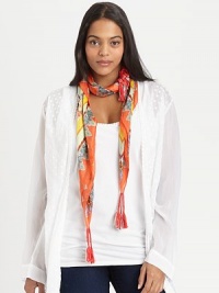 A tranquil print with braided, tassel details.Silk42 X 42Dry cleanImported