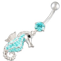 14Gauge (1.6mm), 3/8 Inch (10mm) seahorse Aquamarine Swarovski Crystal Ferido dangle belly dangling navel button ring dangly bar AFES - Pierced Body Piercing Jewelry