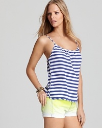 The classic Juicy Couture tank gets an elegant new attitude with crisp nautical stripes. A relaxed cut pairs with a ruched neckline for a modern feel.