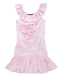 A comfortable drop-waist dress in a soft cotton blend is finished with ruffles for a preppy look.