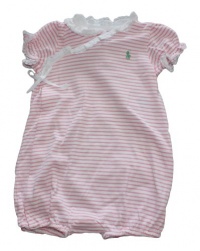 Ralph Lauren Layette Girl's Lace Trim Stripe Shortall (9 Month, Course Pink)