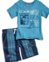 GUESS Kids Boys Baby Screen Tee & Plaid Shorts Set (, TURQUOISE (12M)