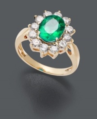 A rich combination of royalty-inspired design and vibrant green hues. Ring features a brilliant emerald (1-3/4 ct. t.w.) surrounded by sparkling round-cut diamonds (1 ct. t.w.). Crafted in 14k gold.