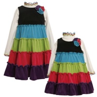 Size-2T, BNJ-3876B, 2-Piece MULTICOLOR Tiered Coloblock Ribbled Knit Velour Jumper Dress Set,Bonnie Jean B63876 LITTLE GIRLS