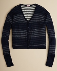 Faded stripes and a solid striped lining give this cute cardigan an inside-out look that pairs perfectly with her favorite jeans or skirt.