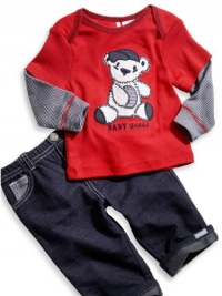 GUESS Kids Boys Baby Bear Long-Sleeve Top and Pants, RED (6/9M)