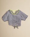 This flowing stripe top ties at the waist adding a carefree flourish.