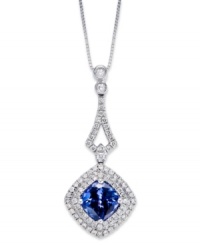 Sparkling perfection. This chic, cushion-shaped pendant features a tanzanite center stone (1 ct. t.w.) surrounded by rows of round-cut diamonds (1/3 ct. t.w.). Set in 14k white gold. Approximate length: 18 inches. Approximate drop: 1 inch.