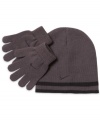 The perfect basic set to bundle up in when he's heading out to play in the snow, this hat and gloves set from Nike keeps ears and hands warm.