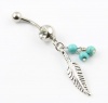 316L Surgical Steel 14 Guage Leaf Dangle With Blue Beads Navel Belly Button Ring Bar