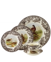 Bring the classic style of the English countryside to your table with dinner plates from the Woodland place settings collection by Spode. This traditionally patterned 5-piece place setting features majestic game fowl and forest creatures framed by Spode's distinctive British Flowers border.