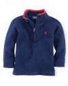 A handsome sweater is rendered in soft French-rib cotton with a half-zip mockneck for versatile styling.