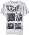 Show off your love of the late night with this stylish striped Marc Ecko Cut & Sew graphic tee.