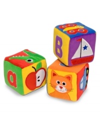 Eye-catching colors and hand-embroidered details adorn this adorable set of three multi-textured, jingling plush blocks.  You're never too young to be exposed to letters and familiar objects, especially when they're so beautifully presented!