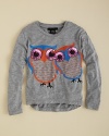 A double dose of cute owl prints, each trimmed with rhinestone accents at the eyes, makes this long sleeve top a wise look for your little gal.