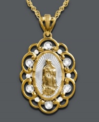 Let your faith define you. Mi Joya Divina's stunning pendant features Our Lady of Guadalupe crafted in 14k gold with sparkling, round-cut diamonds (1/10 ct. t.w.). Approximate length: 18 inches. Approximate drop length: 1-1/10 inches. Approximate drop width: 6/10 inch.