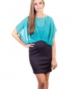 Toska Color Block Chiffon Top Overlay Fitted Skirt Back Zipper Body Con Form Fitting Short Dress Aqua Turquoise