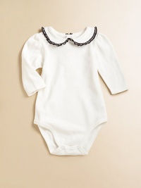 A sweet cotton one-piece features a ribbon-trimmed Peter Pan collar.Peter Pan collarLong puff sleevesBack buttonsBottom snapsCottonMachine washImported Please note: Number of buttons/snaps may vary depending on size ordered. 