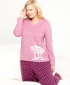 Toast to the comfortable style of Hue's Cheers Knit top and pajama pants set. Featuring a cheers graphic with rhinestone accents up top and polka dotted-pants down below.