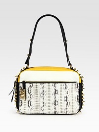 Shiny spiked studs line the edges of this vibrant leather and sleek watersnake design. Shoulder straps, 9 dropTop zip closureOne outside zip pocketOne outside open pocketOne inside zip pocketOne inside open pocketFully linedMade in Italy