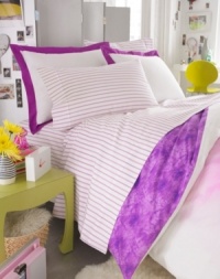 The right stripes! The Violet sheet set features fresh pink and purple stripes upon a crisp white ground, making this set the perfect understated complement to the bold peony and tie-dye print upon the comforter.